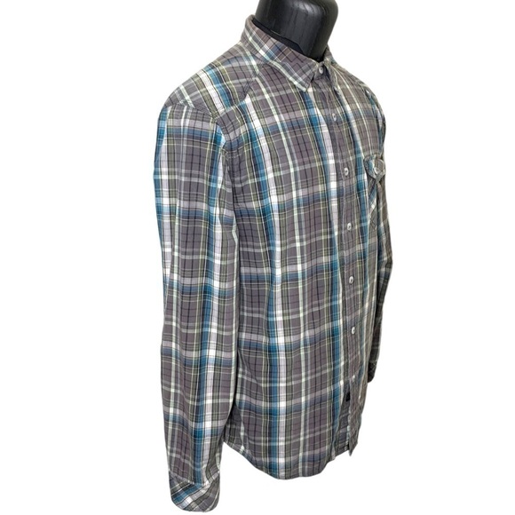 MEC Hiking Shirt Sz L Plaid Gray Blue Organic Cotton Button Up Long Sleeve Gorp - Picture 2 of 13